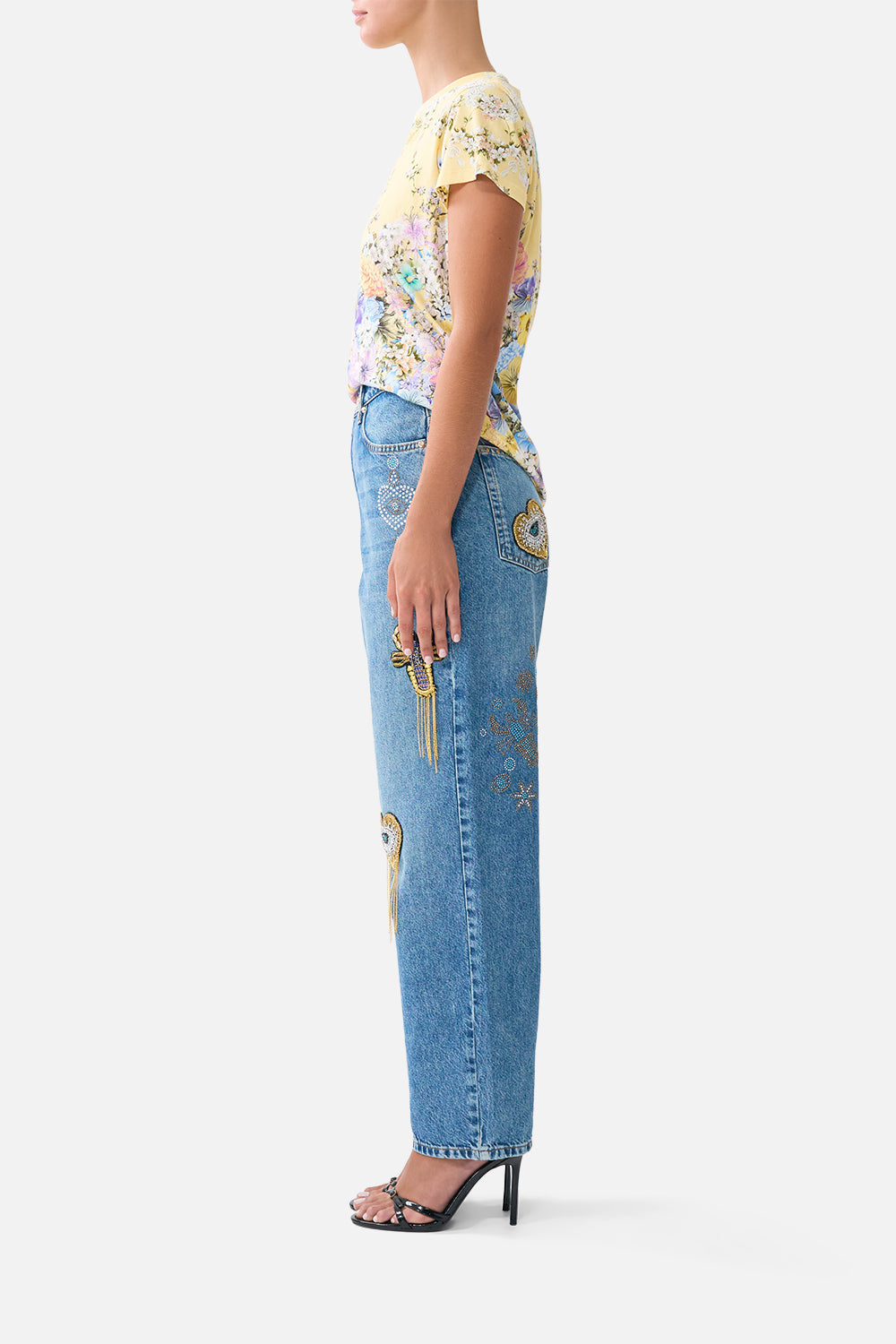 The CAMILLA slim fit round neck t-shirt from our print darling buds, back model view