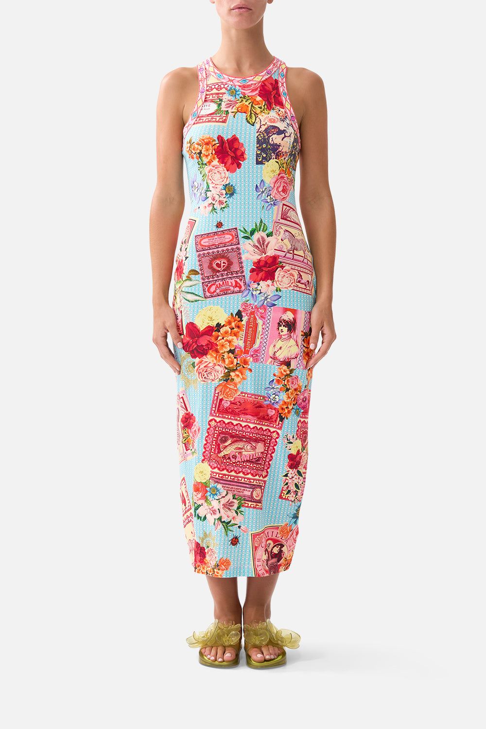 The CAMILLA JERSEY TANK DRESS PAPERS AND CURIOUS CAPERS in our PAPERS AND CURIOUS CAPERS print.