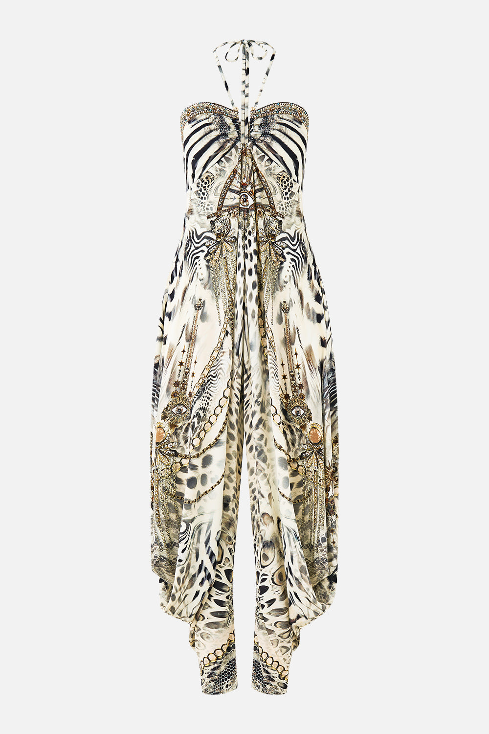 The CAMILLA DRAPED PANT JUMPSUIT WITH HARDWARE LADY LIONHEART in our  print.