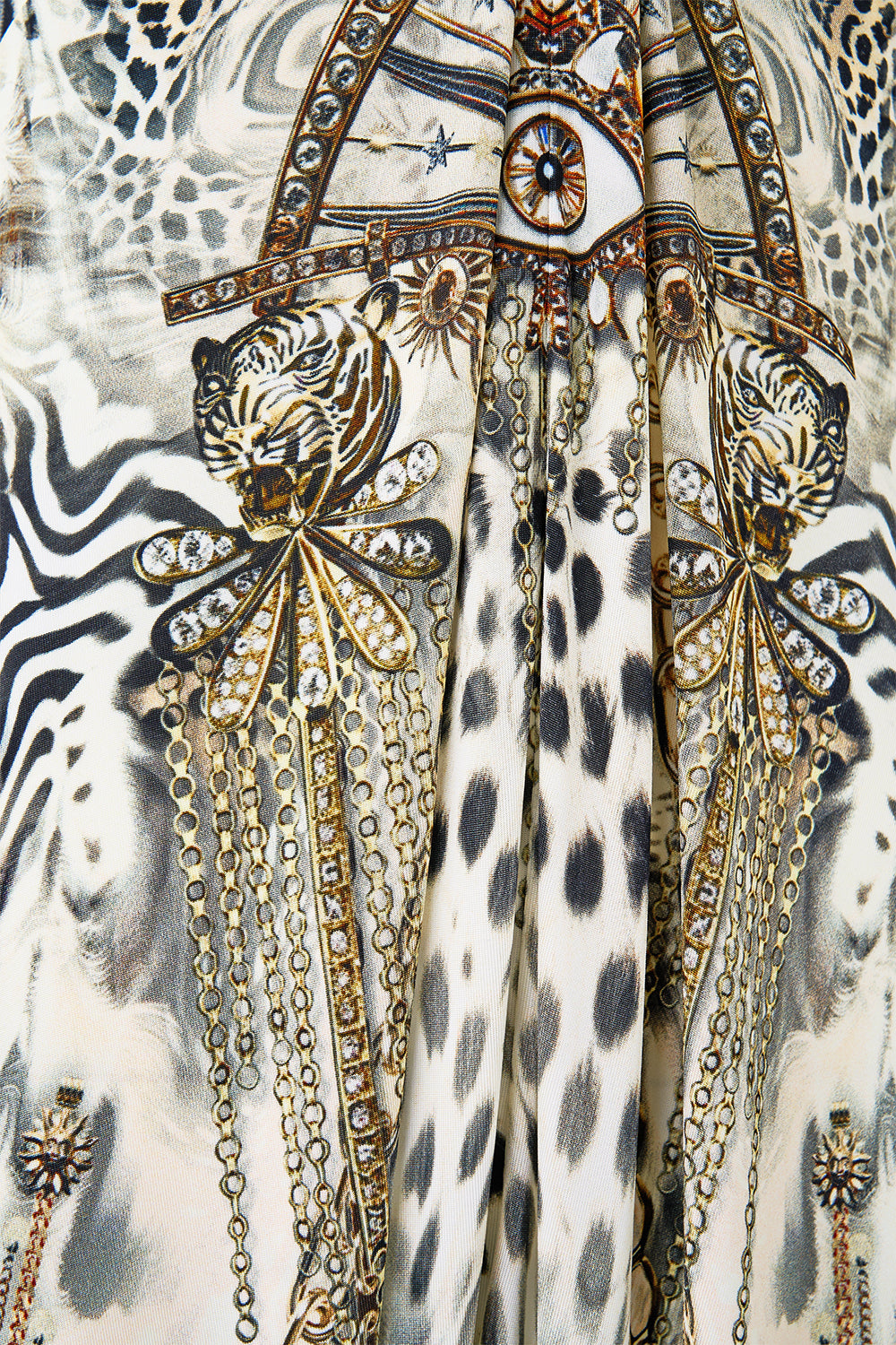 The CAMILLA DRAPED PANT JUMPSUIT WITH HARDWARE LADY LIONHEART in our  print.