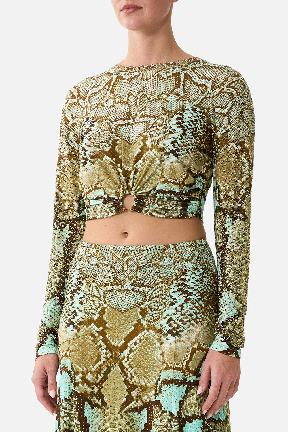 The CAMILLA Jersey Long Sleeve Top With Hardware in Print My Sweet Serpentine. Model View
