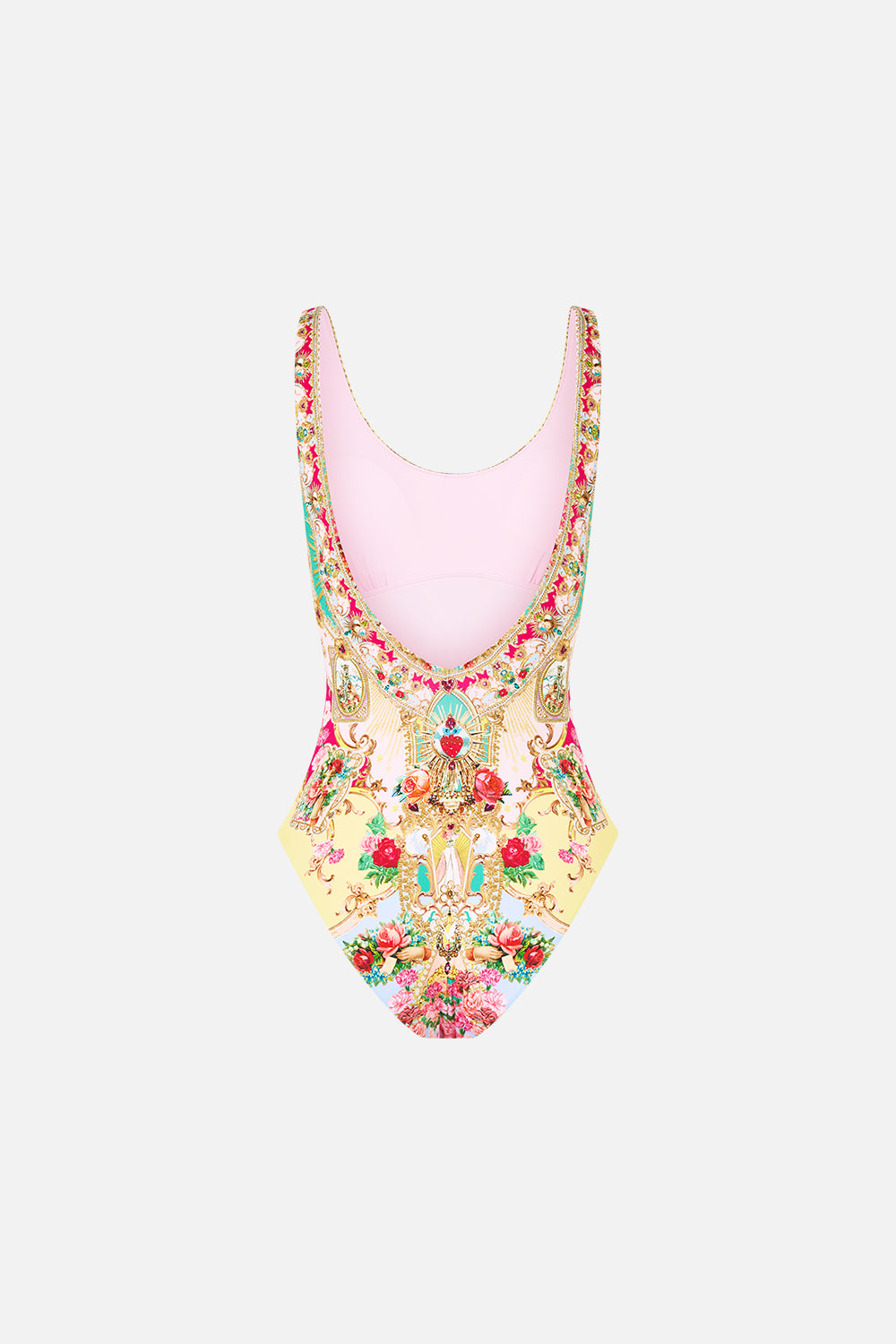 The CAMILLA WIDE STRAP ROUND NECK ONE PIECE WITH LOW BACK PAINTED PRAYERS