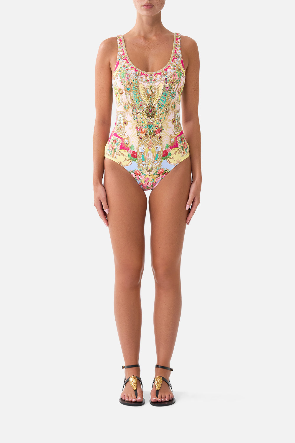 The CAMILLA WIDE STRAP ROUND NECK ONE PIECE WITH LOW BACK PAINTED PRAYERSPAINTED PRAYERS