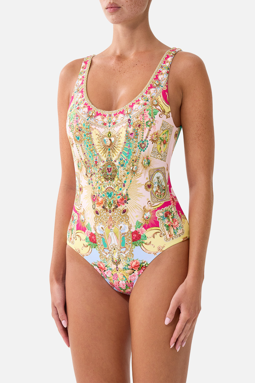 The CAMILLA WIDE STRAP ROUND NECK ONE PIECE WITH LOW BACK PAINTED PRAYERS