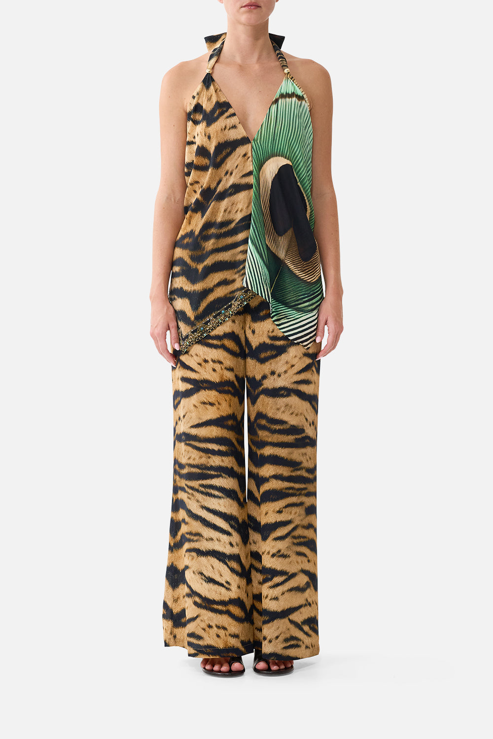 The CAMILLA Scarf Tie Top in Print A Wink to the Wild. Model View