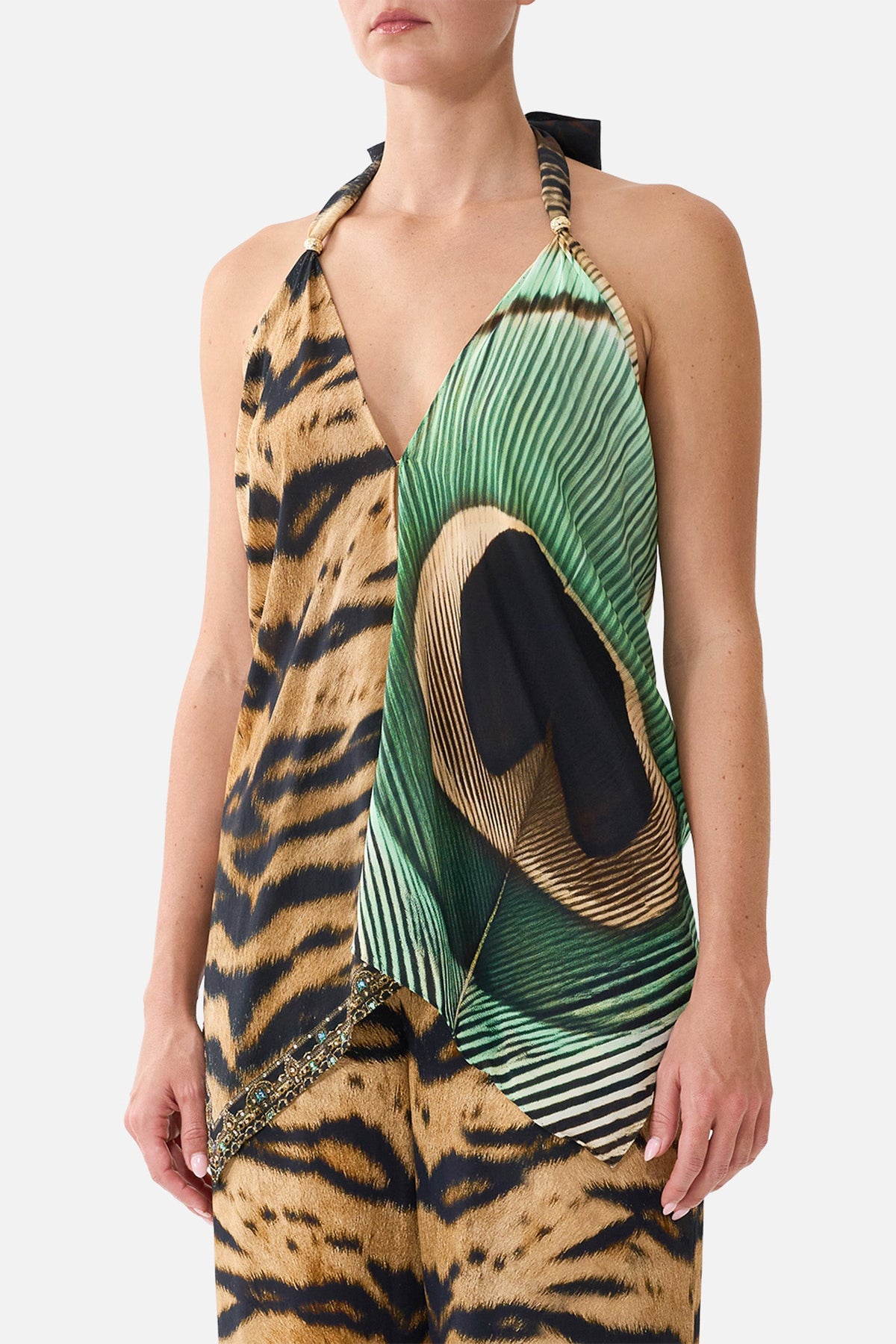 The CAMILLA Scarf Tie Top in Print A Wink to the Wild. Model View