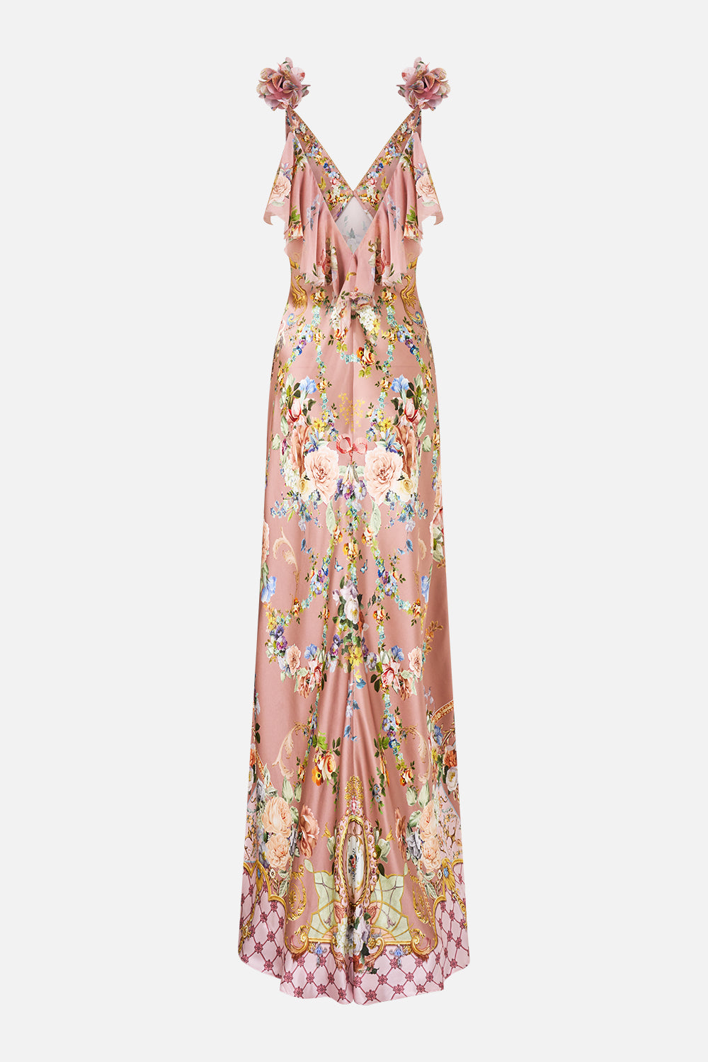 The CAMILLA V NECK BIAS SLIP DRESS WITH BACK FRILL CHAMBER OF BLOOMS