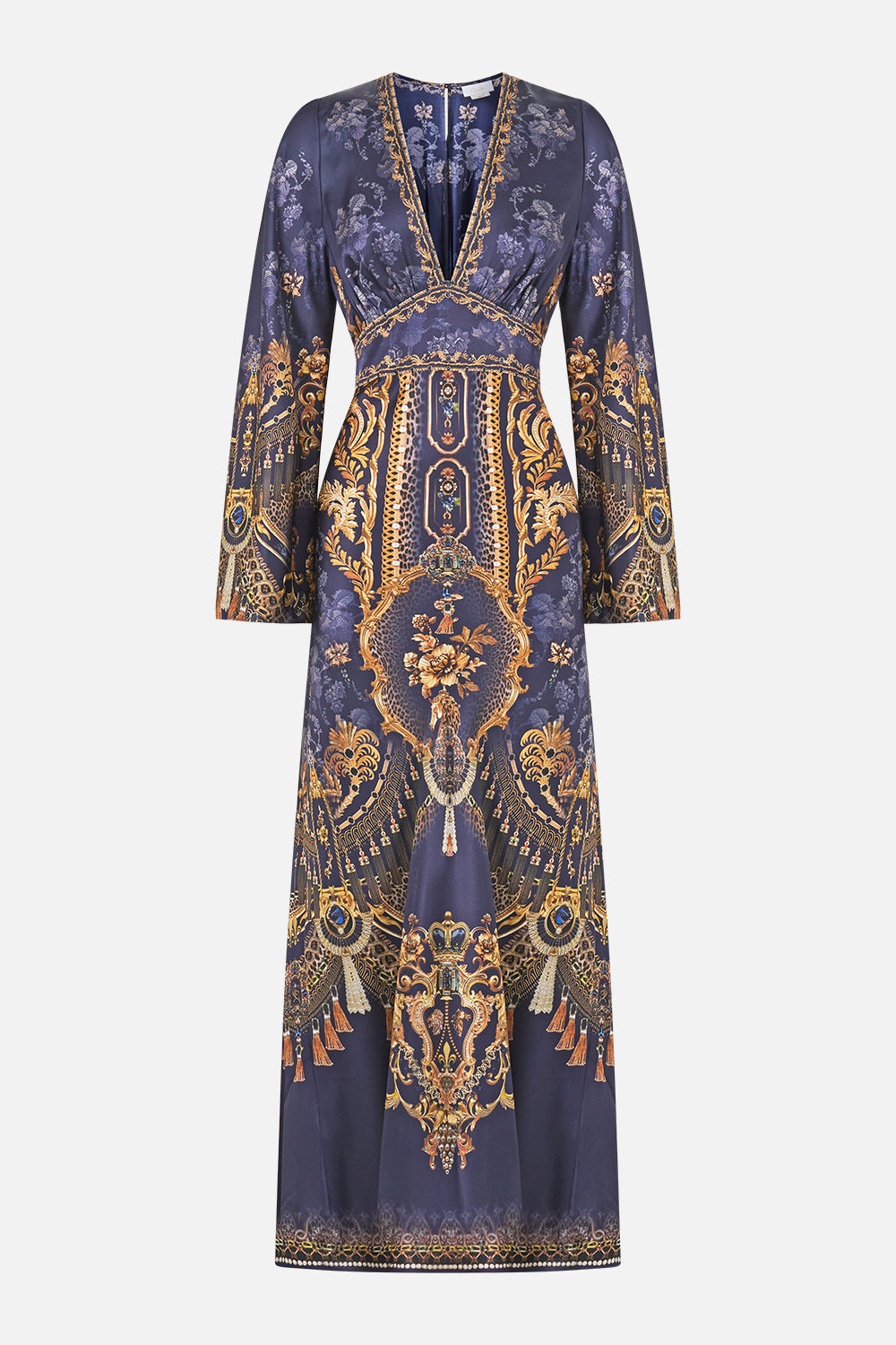 V NECK DRESS WITH FLARED SLEEVE CLOAKED IN BAROQUE