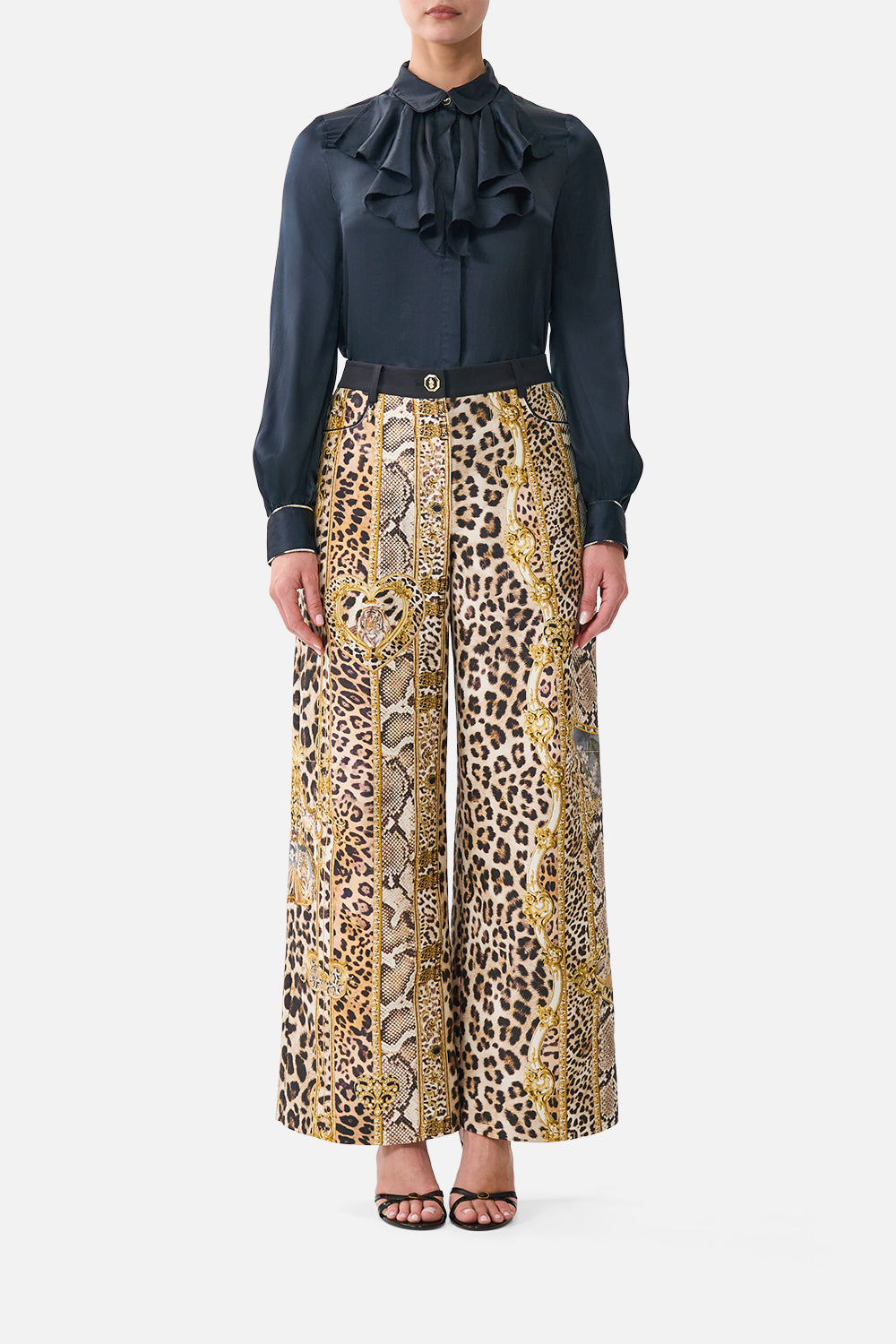 The CAMILLA Collared Shirt with Frill Neck Detail Leopard Libertine in our Leopard Libertine print.