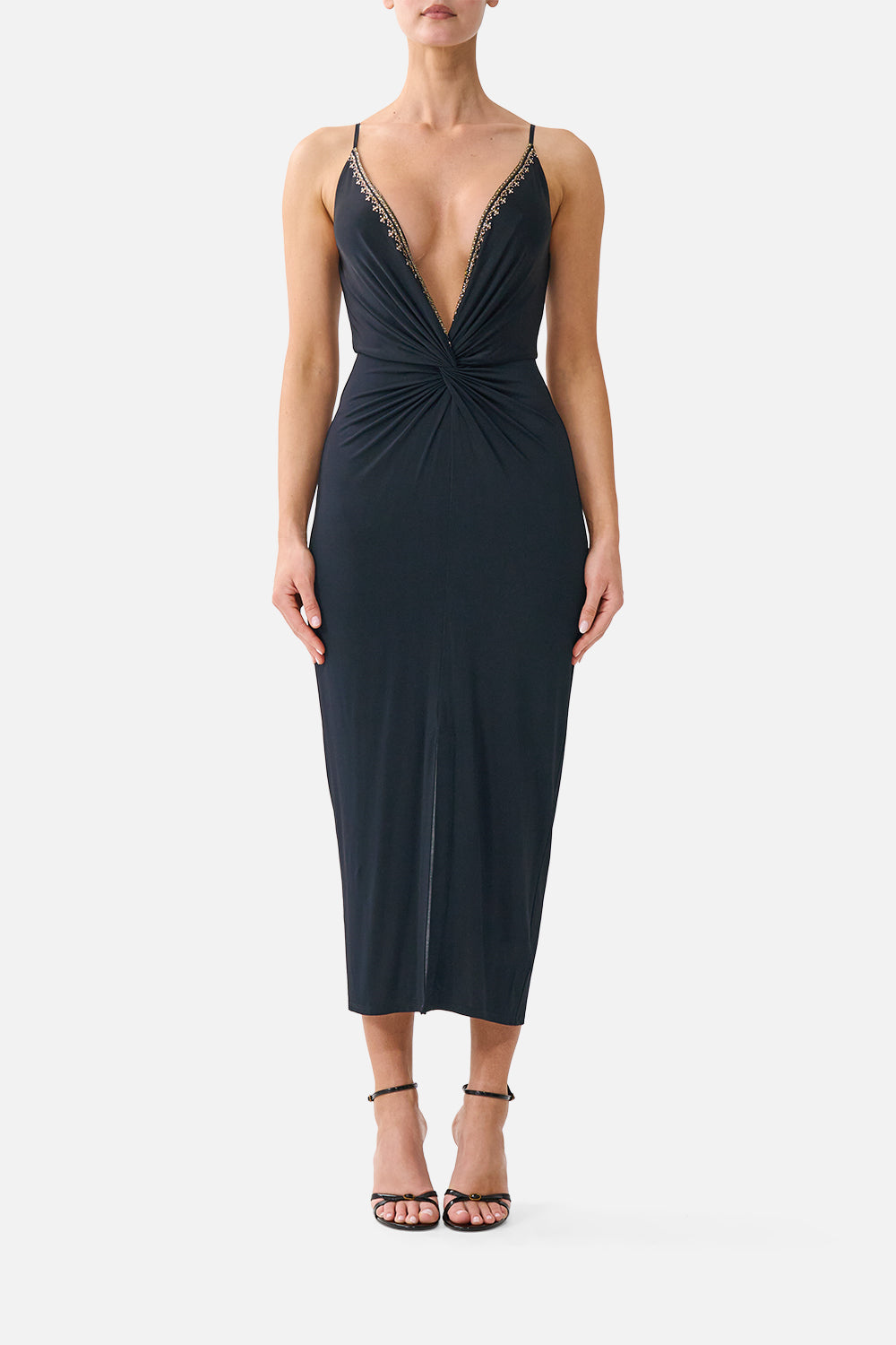 The CAMILLA Strappy Dress with Twist Front Leopard Libertine in our Leopard Libertine print.