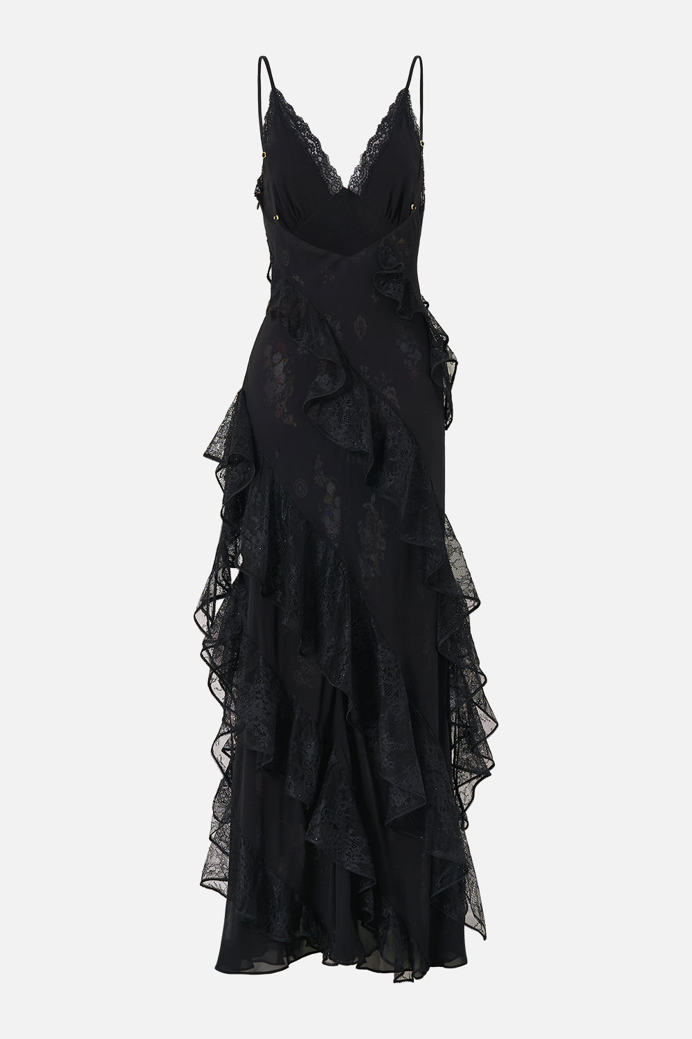 The CAMILLA ASYMMETRICAL RUFFLE SLIP DRESS NIGHT GARDEN