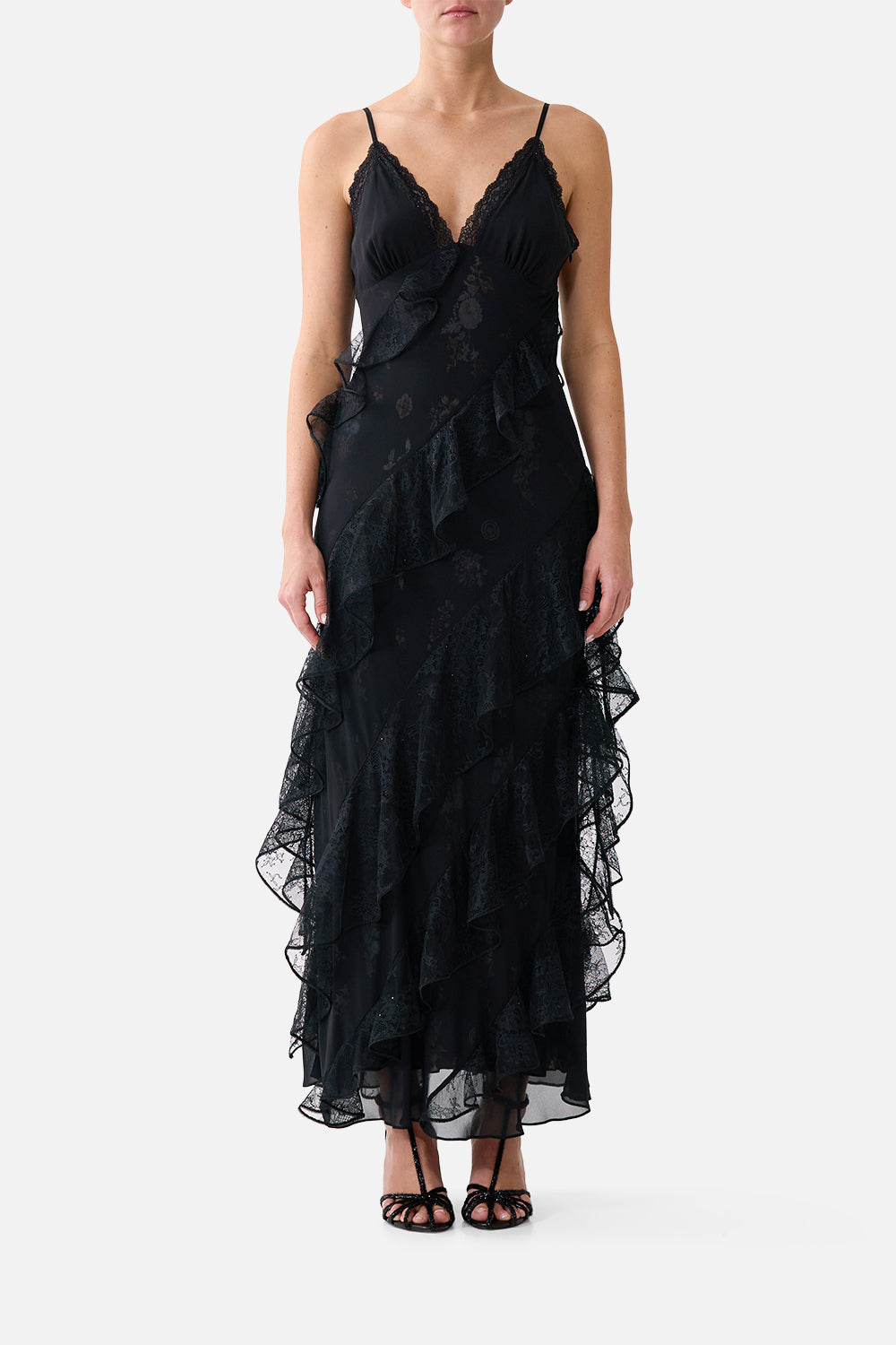 The CAMILLA ASYMMETRICAL RUFFLE SLIP DRESS NIGHT GARDENNIGHT GARDEN