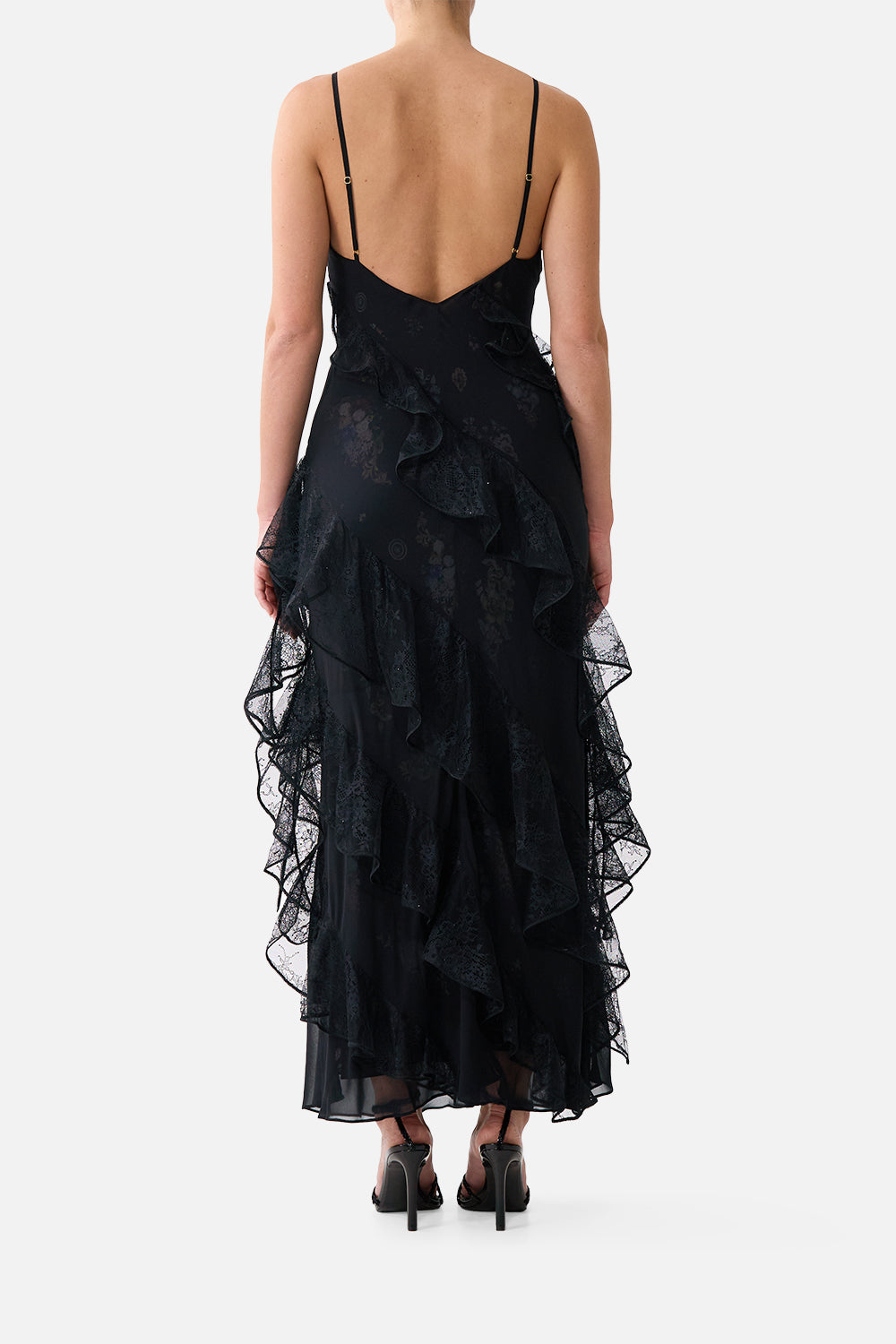 The CAMILLA ASYMMETRICAL RUFFLE SLIP DRESS NIGHT GARDEN