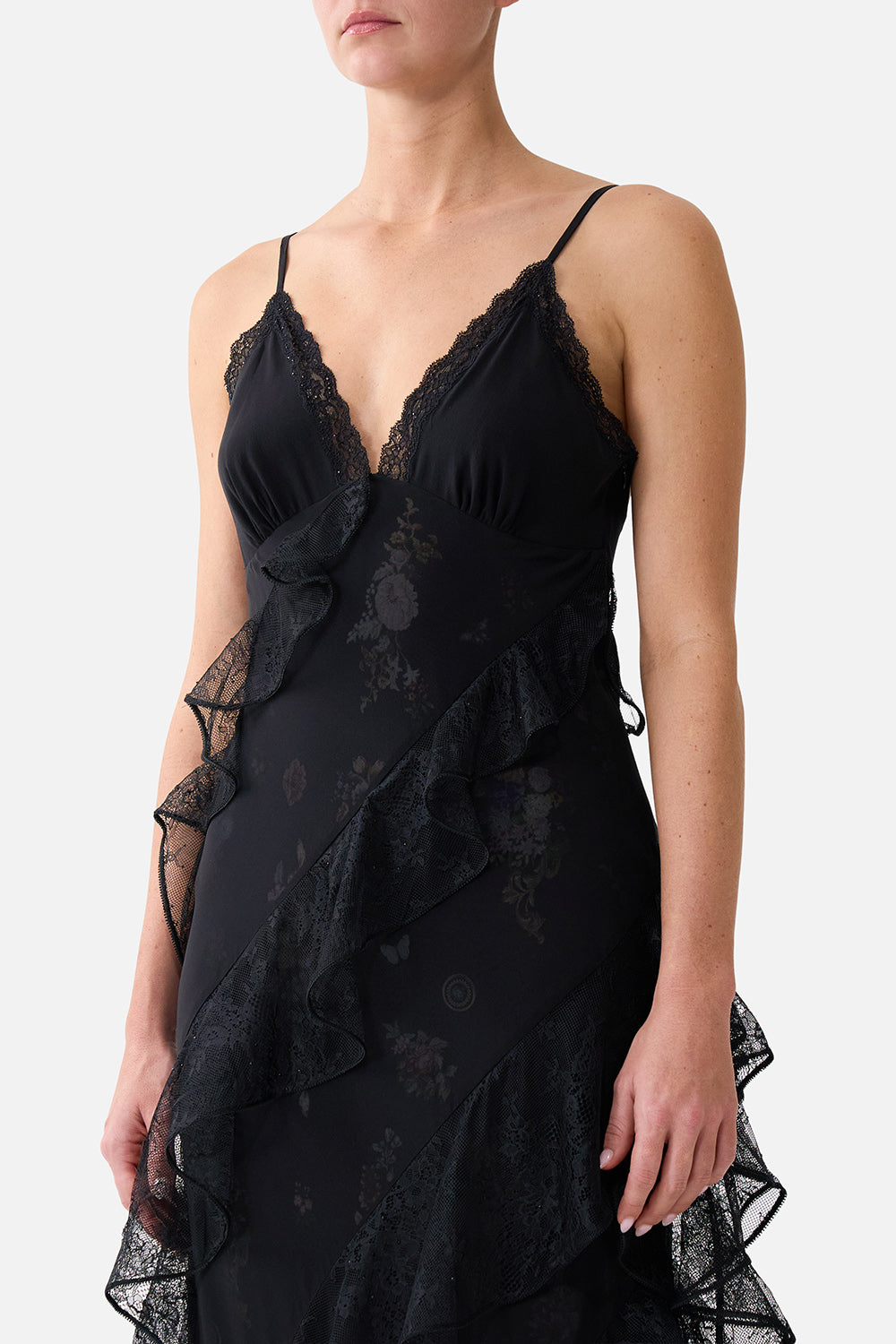 The CAMILLA ASYMMETRICAL RUFFLE SLIP DRESS NIGHT GARDEN