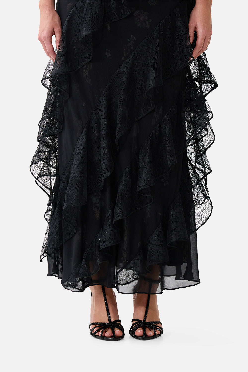 The CAMILLA ASYMMETRICAL RUFFLE SLIP DRESS NIGHT GARDEN