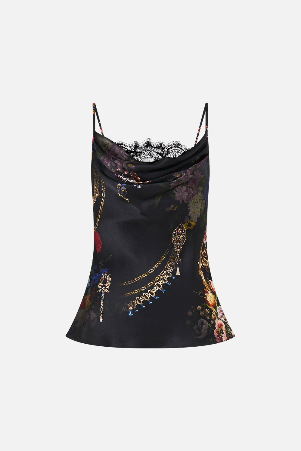 The CAMILLA COWL NECK CAMI WITH LACE NIGHT GARDEN