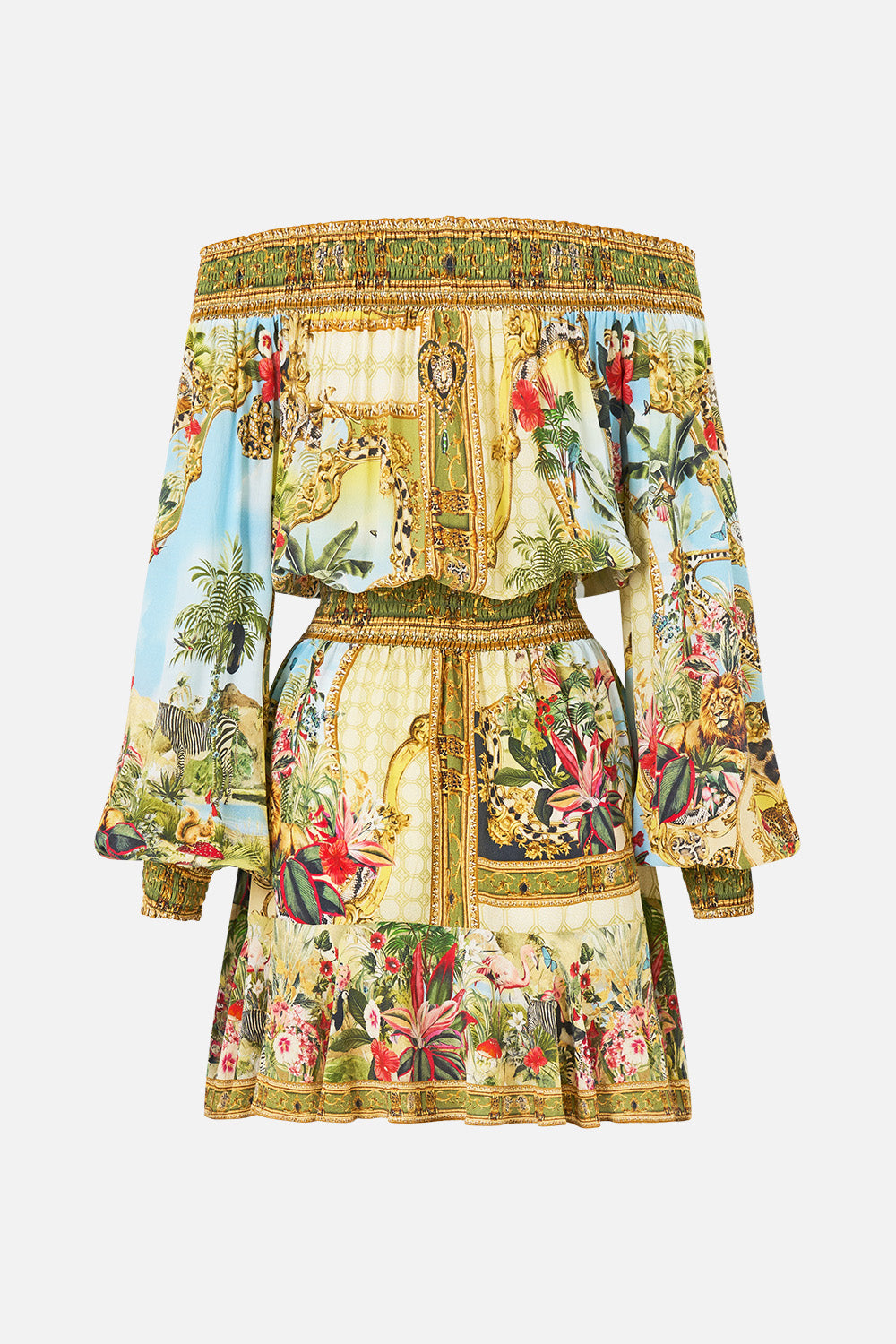 The CAMILLA Off Shoulder Short Dress in our Wanderlust Empire print, back view.