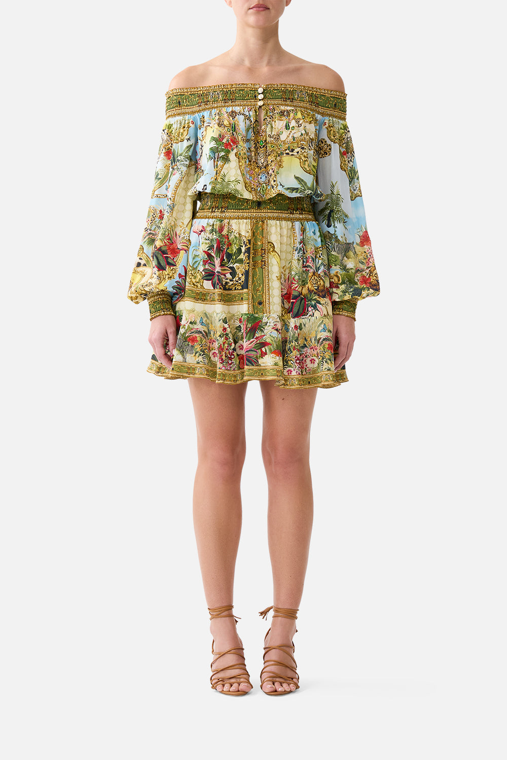 The CAMILLA Off Shoulder Short Dress in our Wanderlust Empire print, front view on model.
