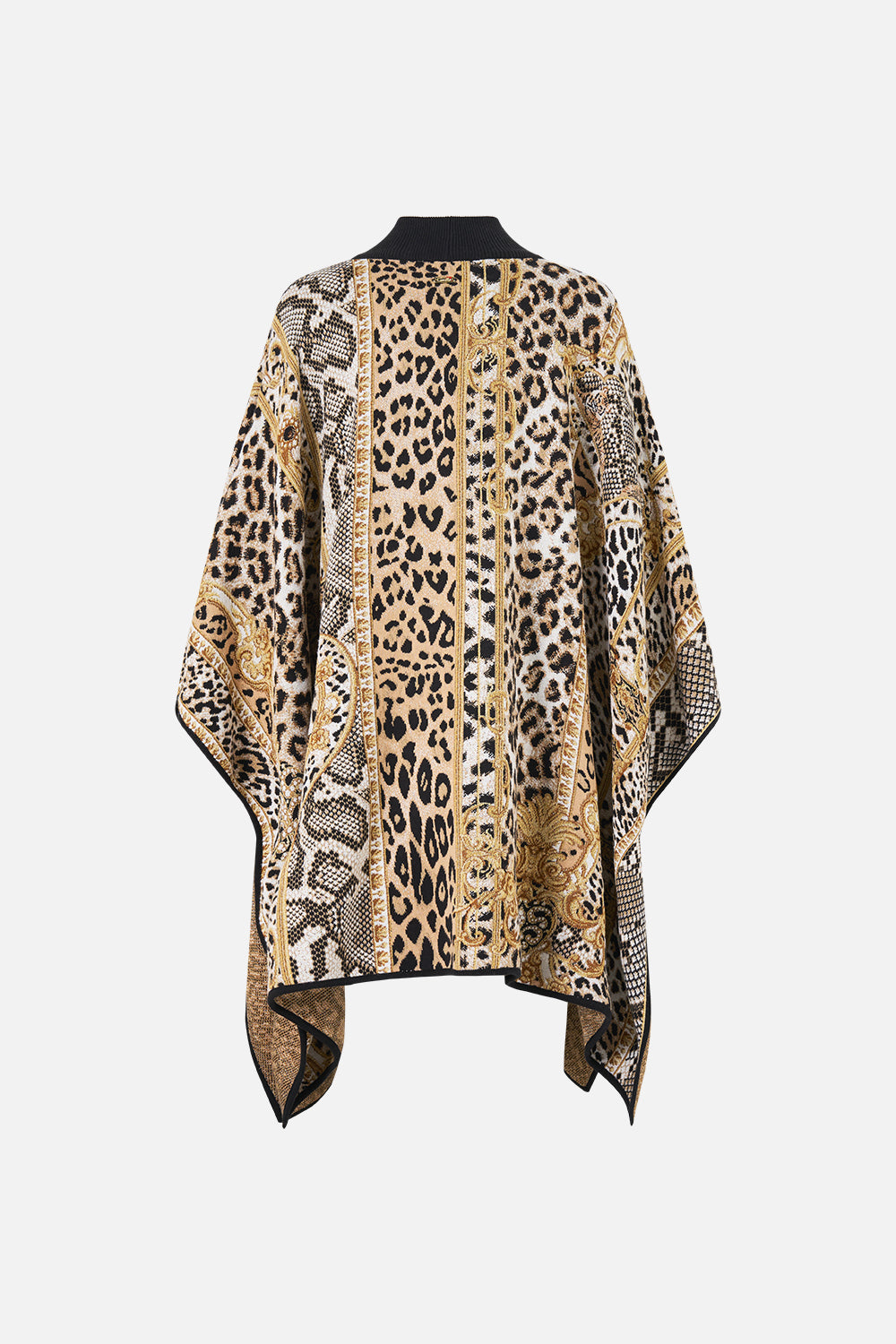 The CAMILLA Funnel Neck Drape Knit Poncho Leopard Libertine in our Leopard Libertine print.