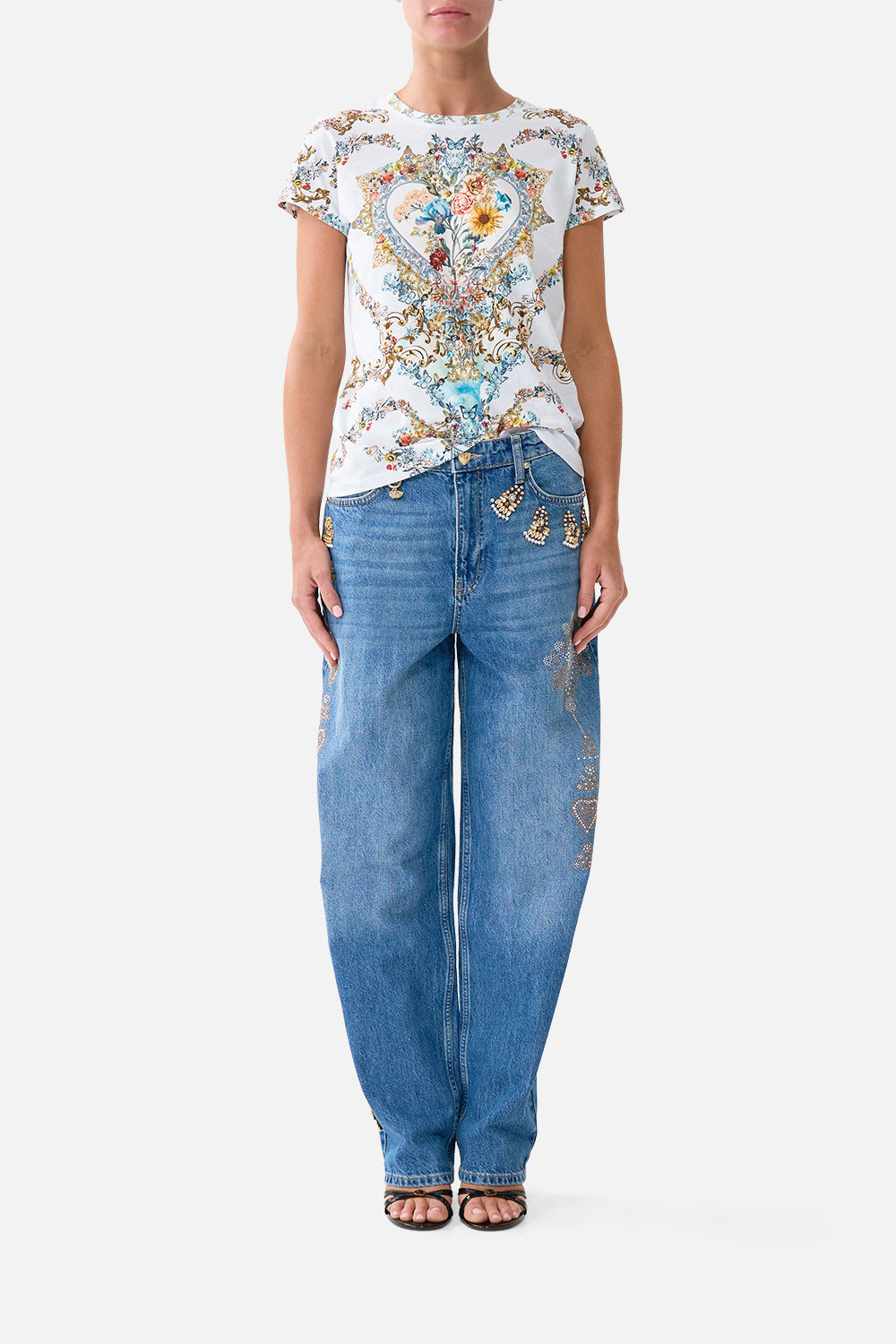 The CAMILLA SLIM FIT ROUND NECK T-SHIRT SEVILLE SWEETHEART in our SEVILLE SWEETHEART print.
