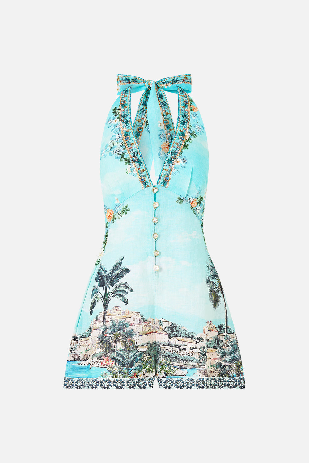 The CAMILLA BUTTON FRONT HALTER PLAYSUIT BALEARIC BEBÉ in our  print.