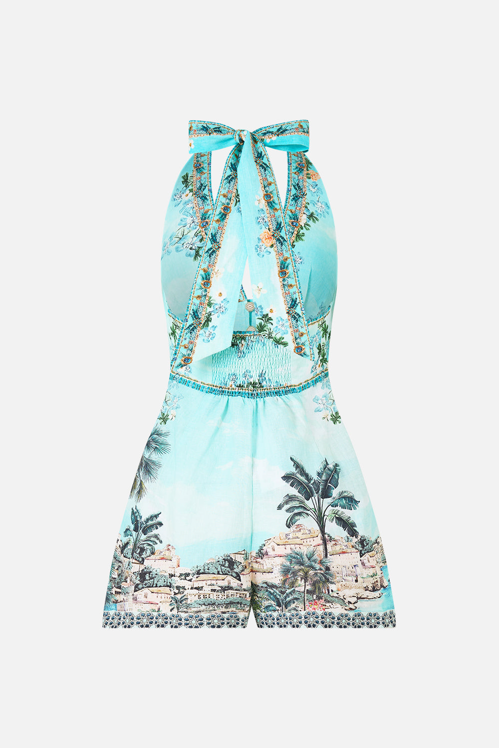 The CAMILLA BUTTON FRONT HALTER PLAYSUIT BALEARIC BEBÉ in our  print.