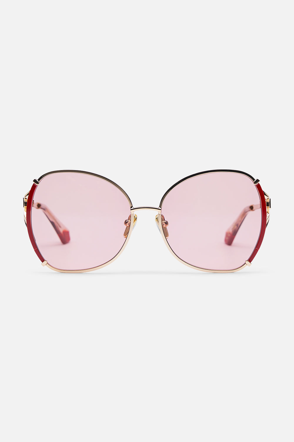 The CAMILLA LADY LIBERTINE SUNGLASSES GOLD / BURGUNDY in our  print.