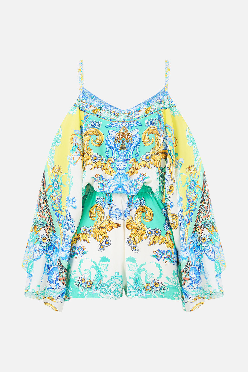 The CAMILLA DROP SHOULDER PLAYSUIT DIAL UP THE TILES in our  print.