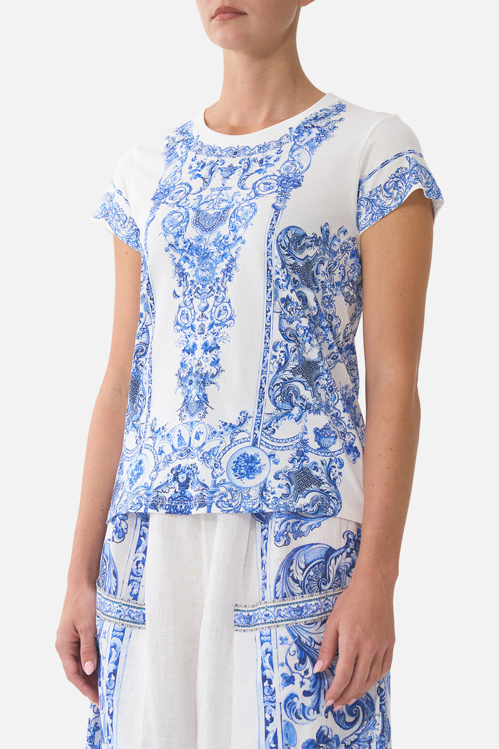 The CAMILLA SLIM FIT ROUND NECK T-SHIRT CERAMIC PANORAMIC in our  print.