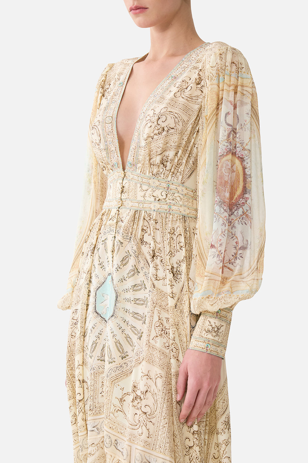 The CAMILLA Long Button Front Dress in our A Beloved Boudoir print.