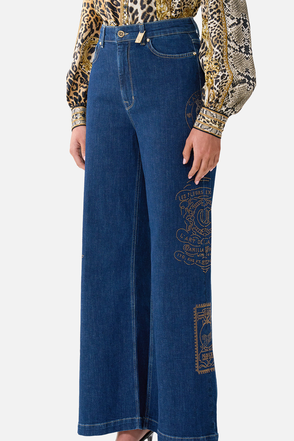 The CAMILLA Jenna High Waisted Flare Denim in our Denim print.