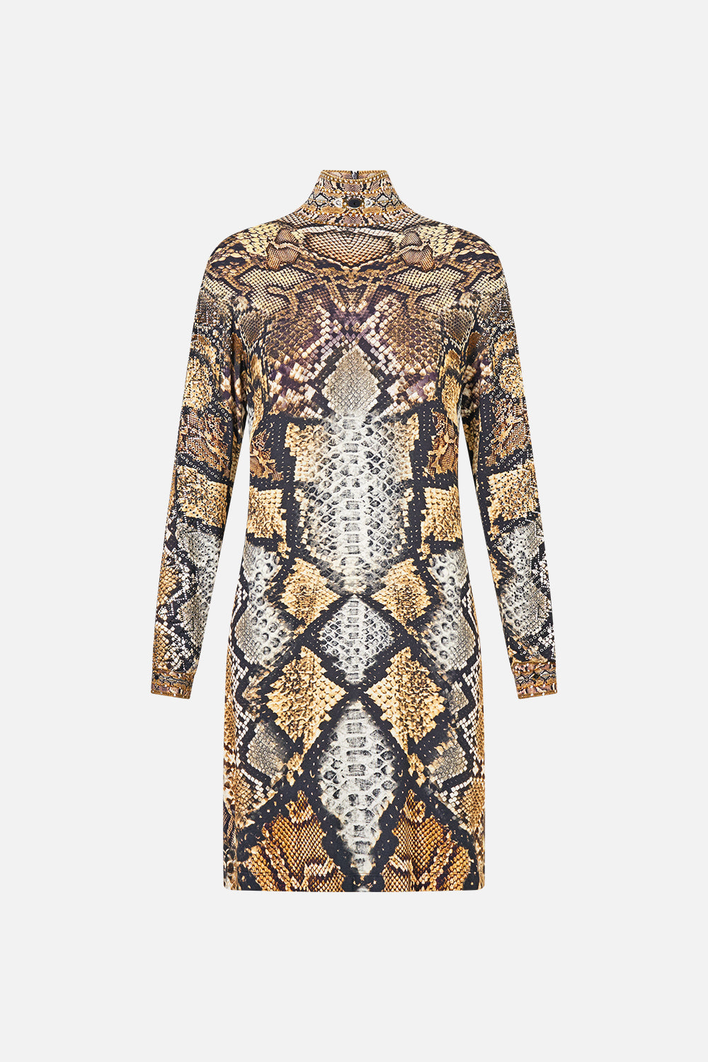 The CAMILLA Long Sleeve Fitted Mini Dress in Print Animalia Heirlooms. Ghost View Front