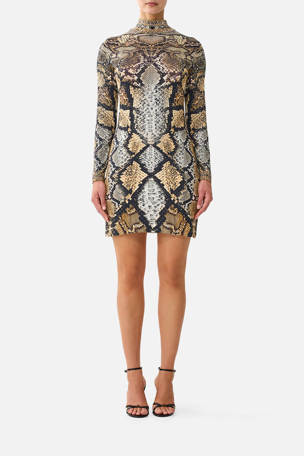 The CAMILLA Long Sleeve Fitted Mini Dress in Print Animalia Heirlooms. Model View