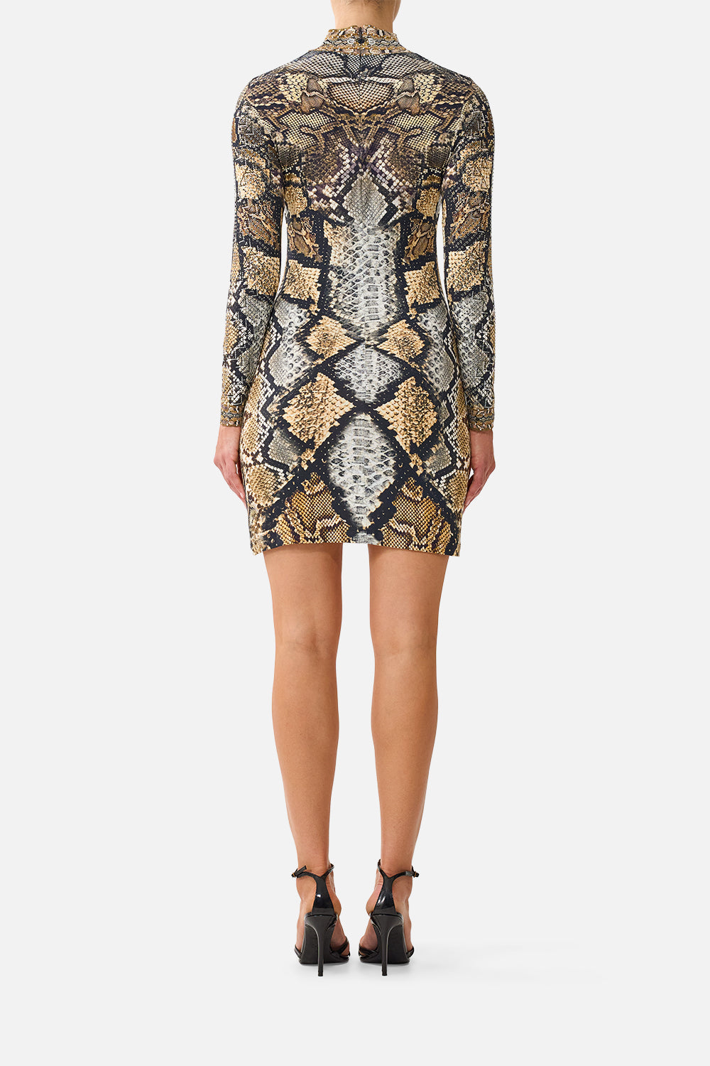 The CAMILLA Long Sleeve Fitted Mini Dress in Print Animalia Heirlooms. Model View