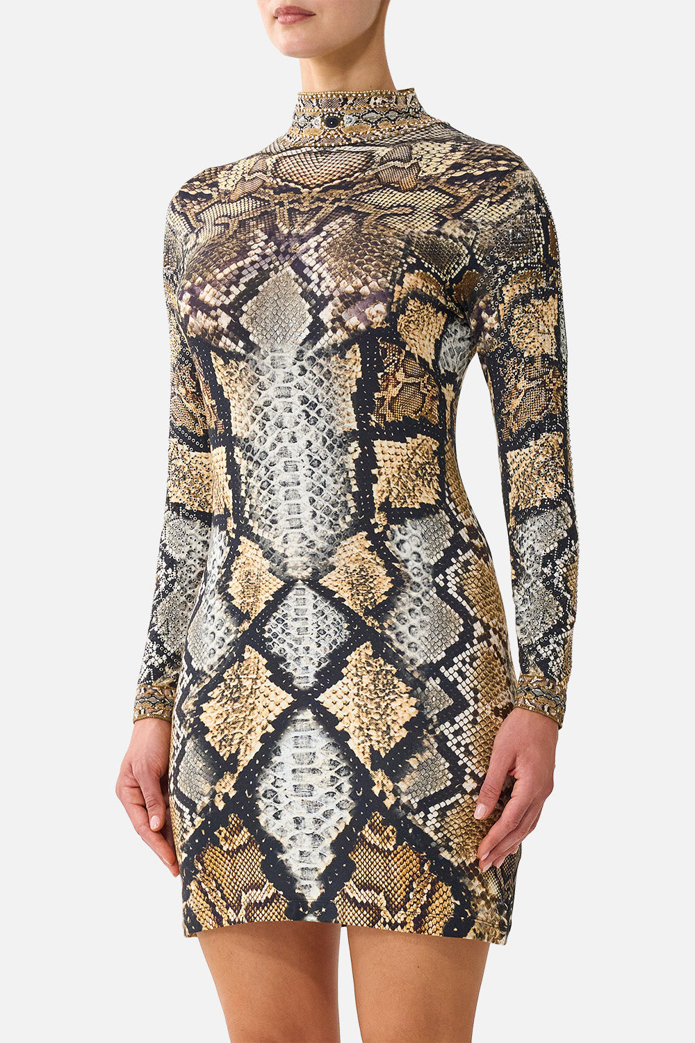 The CAMILLA Long Sleeve Fitted Mini Dress in Print Animalia Heirlooms. Model View