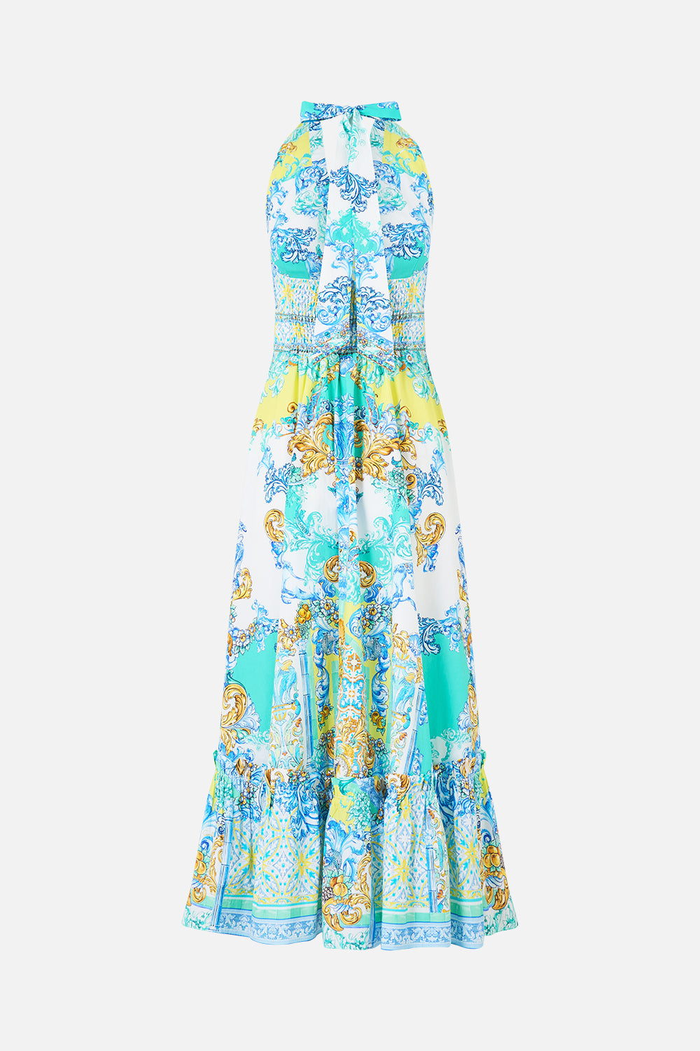 The CAMILLA RUFFLE NECK HALTER DRESS DIAL UP THE TILES in our  print.