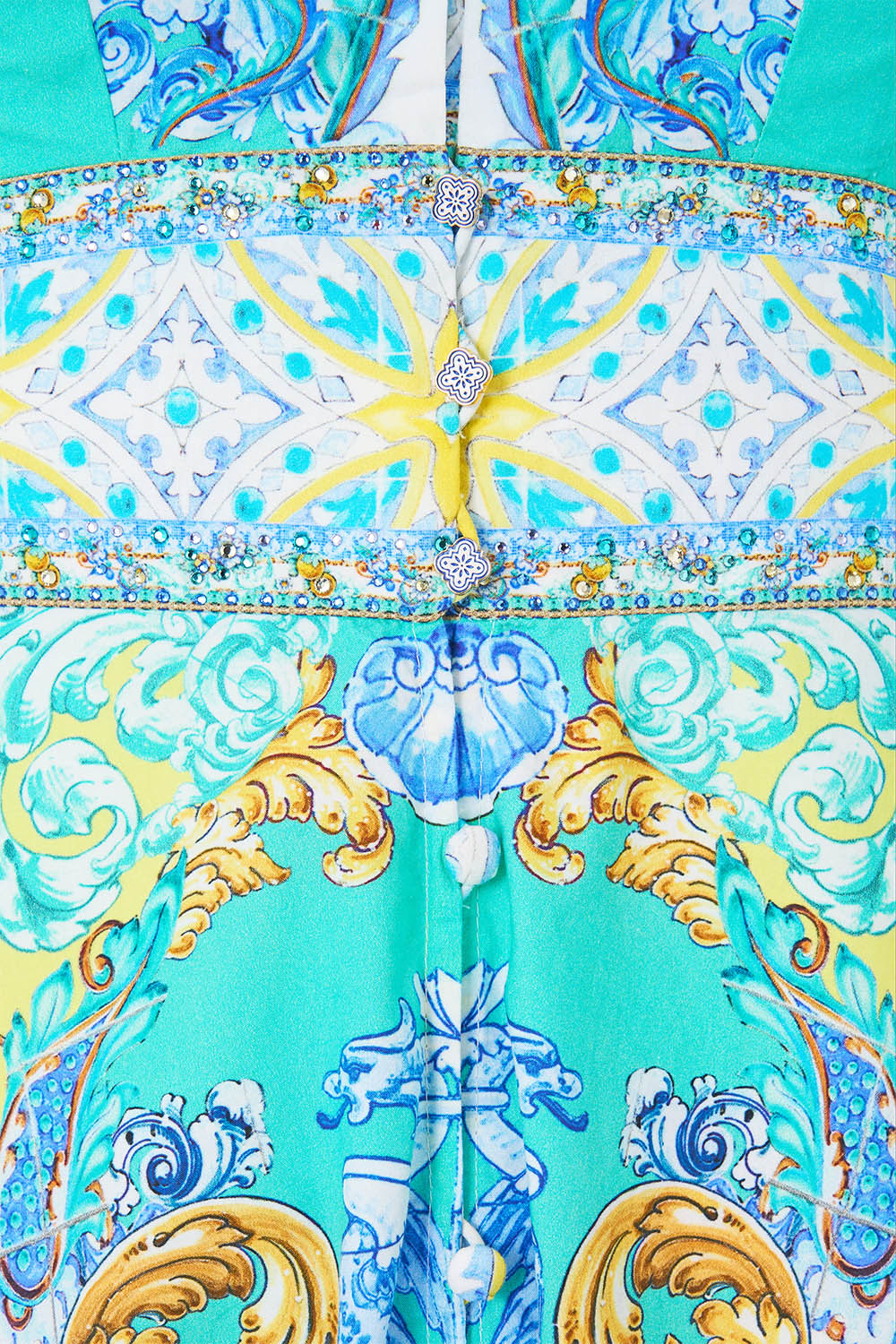 The CAMILLA RUFFLE NECK HALTER DRESS DIAL UP THE TILES in our  print.