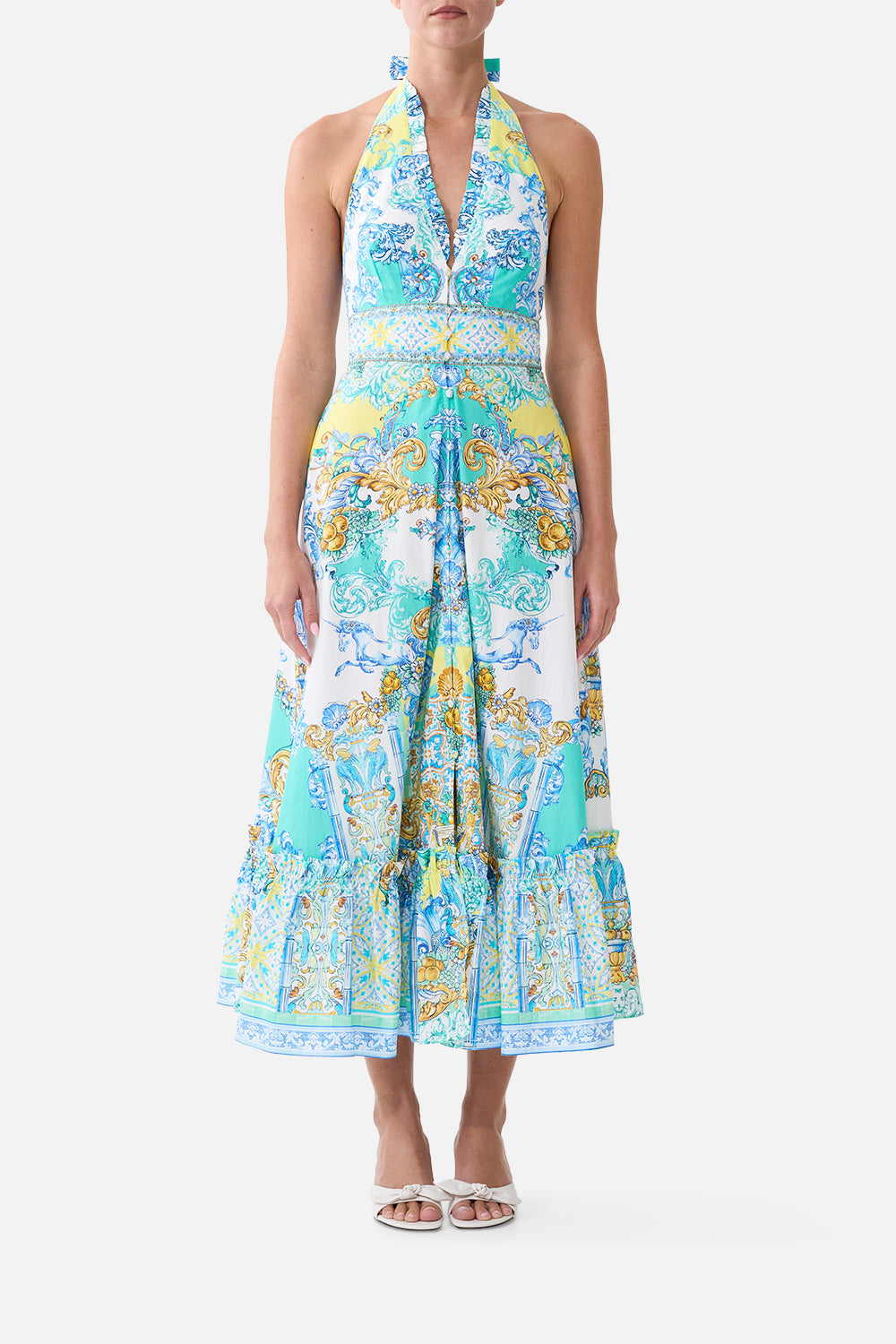 The CAMILLA RUFFLE NECK HALTER DRESS DIAL UP THE TILES in our DIAL UP THE TILES print.