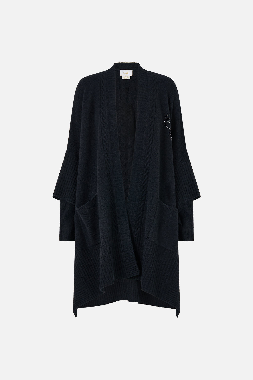 The CAMILLA CASHMERE KNIT OVERSIZED LAYER NIGHT GARDEN in our  print.
