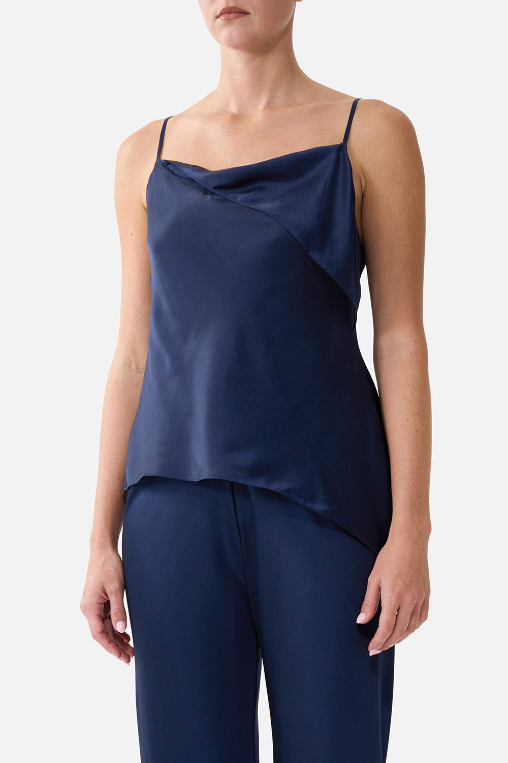 The CAMILLA Asymmetric Draped Top Silk Essentials in our Silk Essentials print.