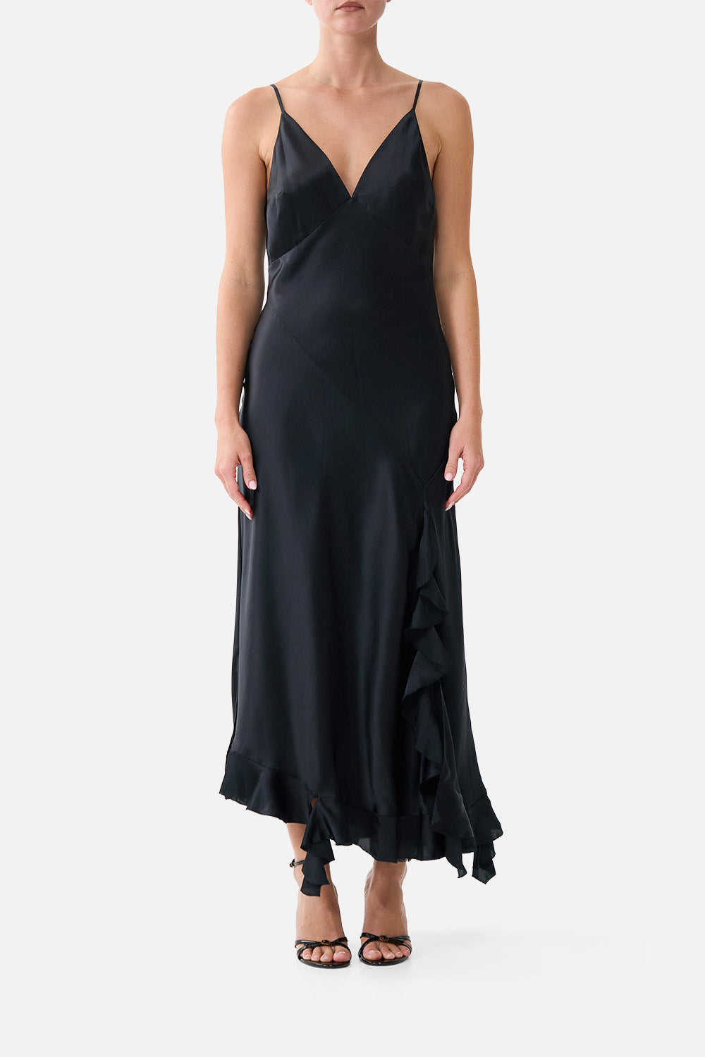 The CAMILLA BIAS SLIP DRESS WITH FRILL HEM SILK ESSENTIALS in our SILK ESSENTIALS print.