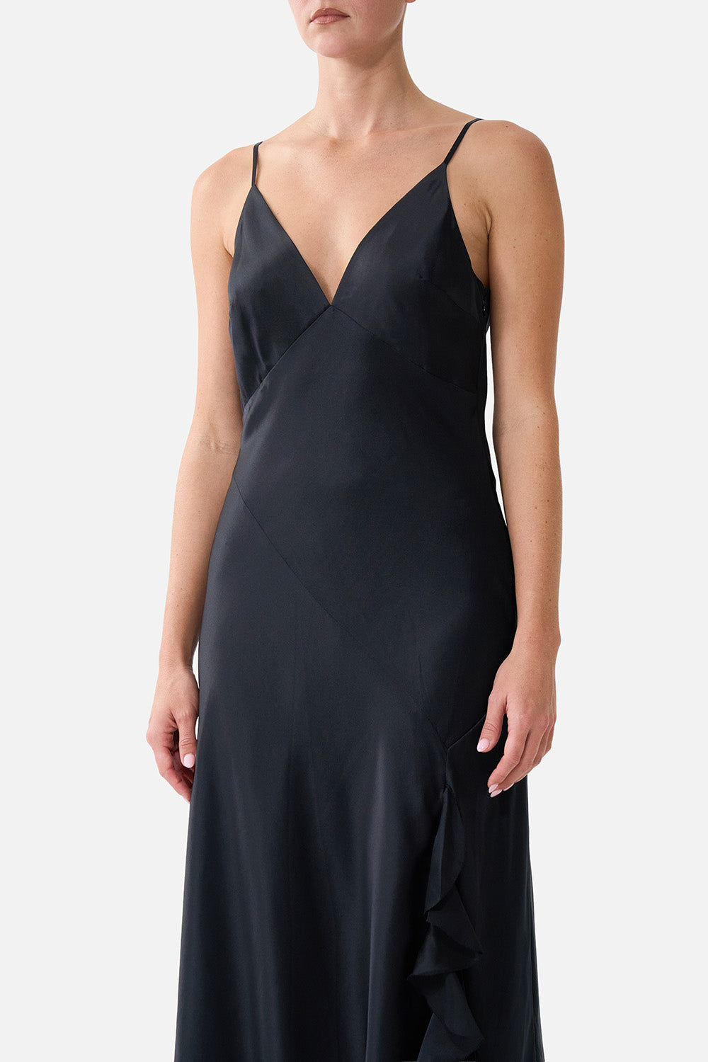 The CAMILLA BIAS SLIP DRESS WITH FRILL HEM SILK ESSENTIALS in our  print.