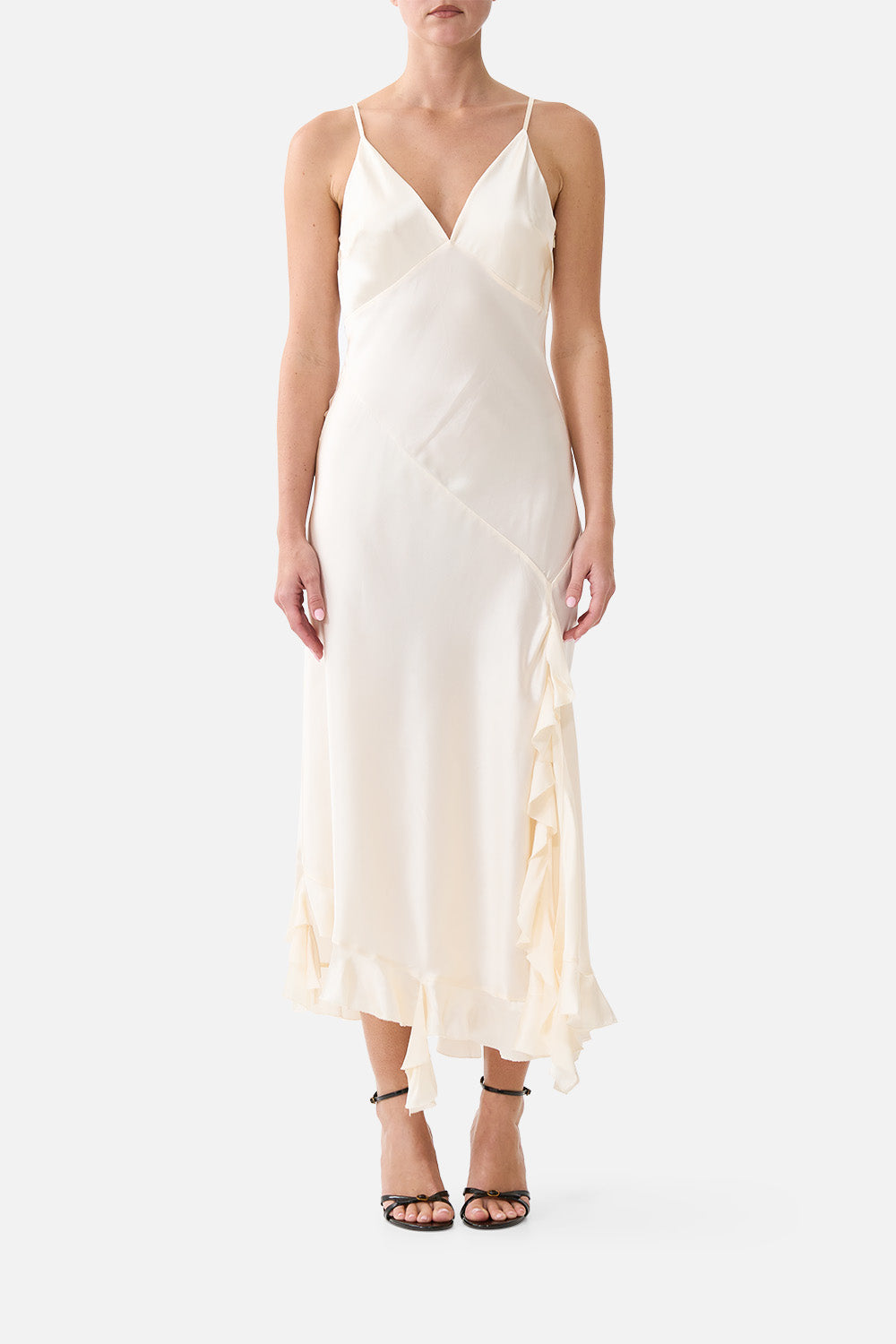 The CAMILLA Bias Slip Dress with Frill Hem Silk Essentials in our Silk Essentials print.