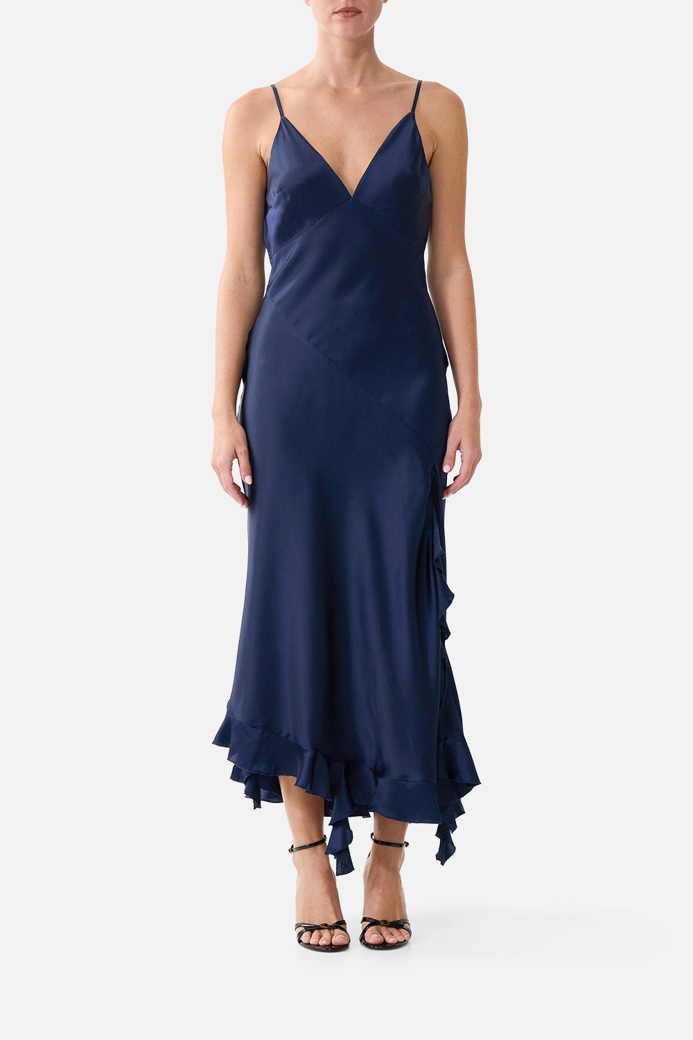 The CAMILLA BIAS SLIP DRESS WITH FRILL HEM SILK ESSENTIALS in our SILK ESSENTIALS print.