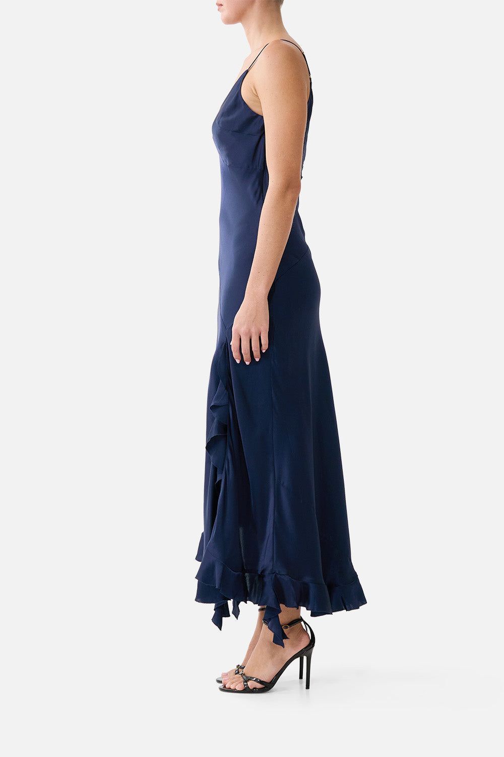 The CAMILLA BIAS SLIP DRESS WITH FRILL HEM SILK ESSENTIALS in our  print.