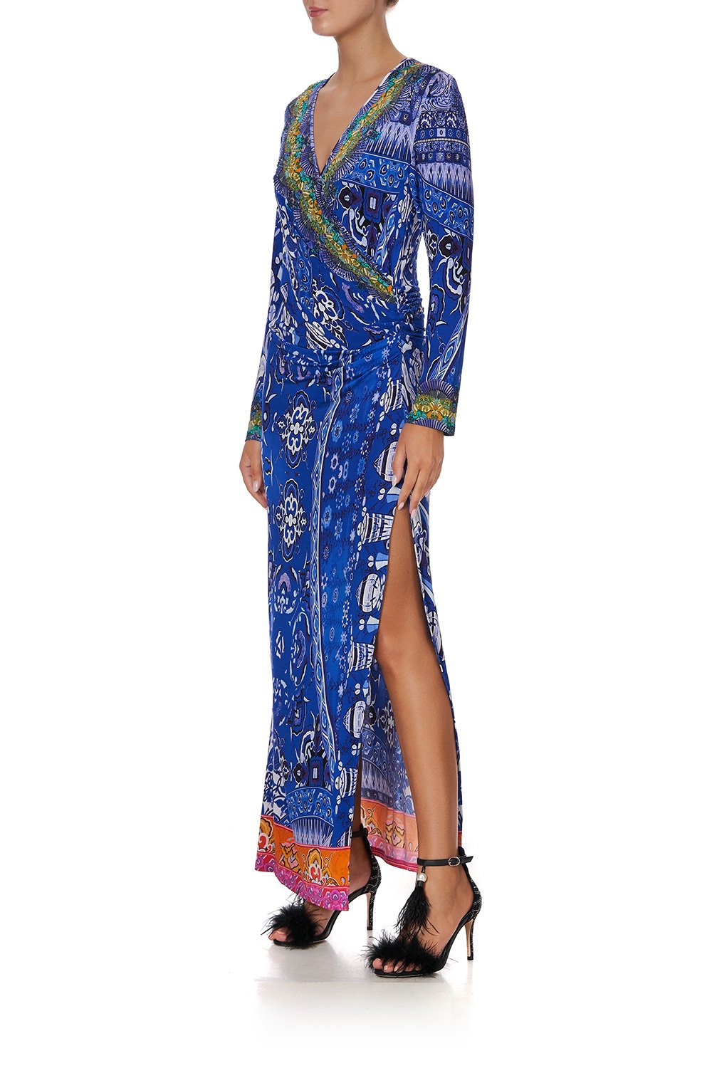 V NECK LONG DRESS WITH SIDE SPLIT PARROT