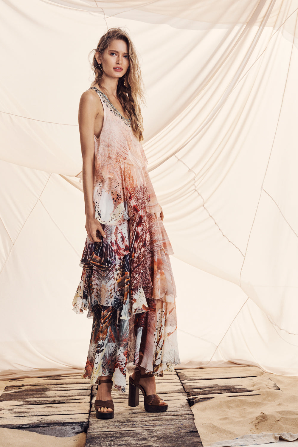 LAYERED FRILL LONG DRESS COASTAL TREASURE