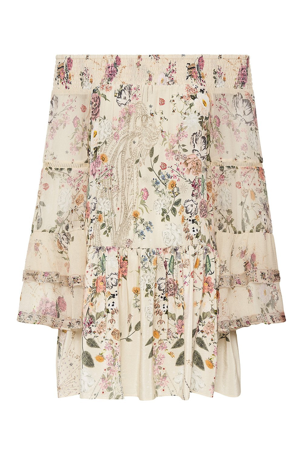 OFF SHOULDER DRESS WITH SMOCKING PHOENIX FLOWER