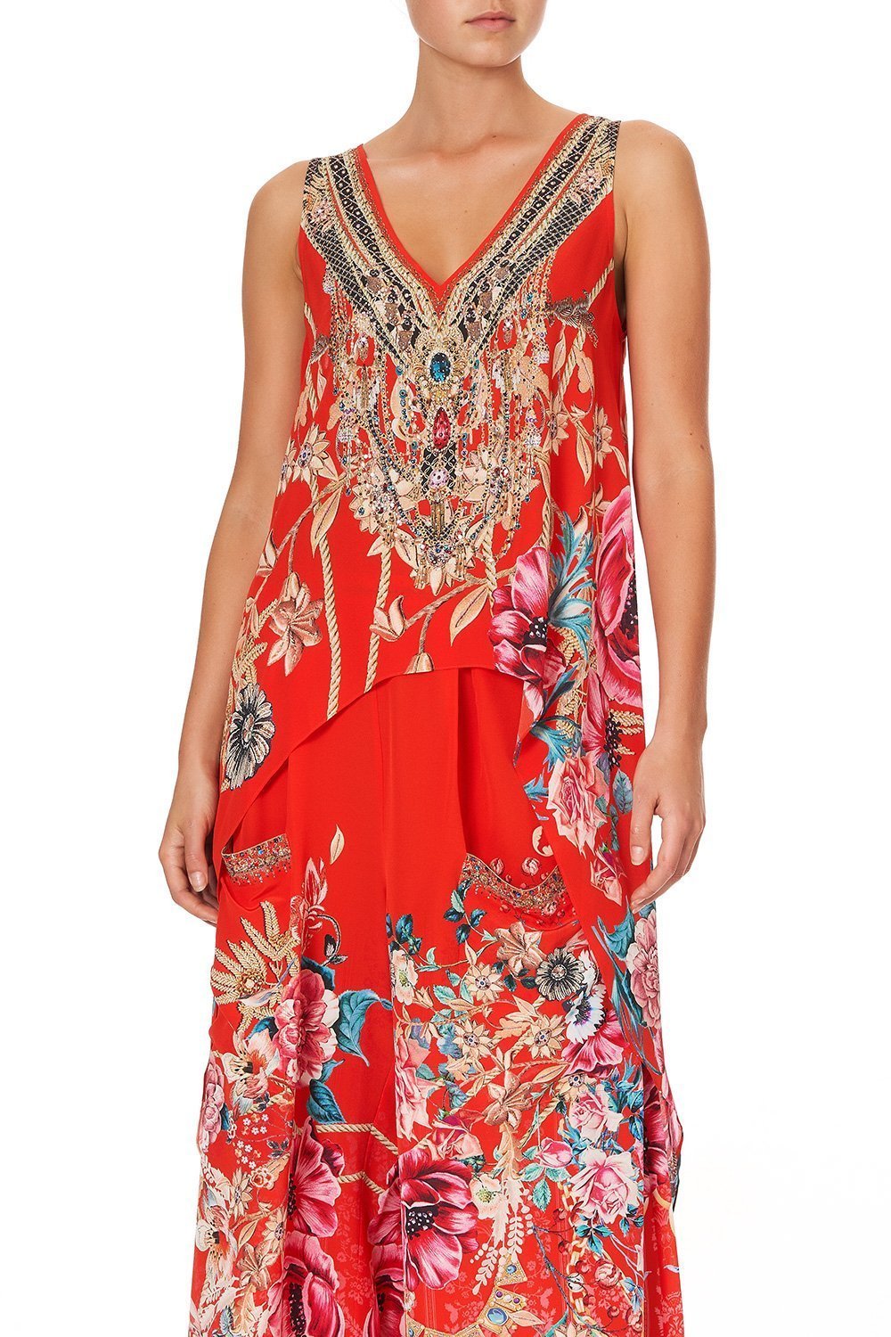 HIGH LOW CROSS OVERLAY TOP AND THE QUEEN WORE RED