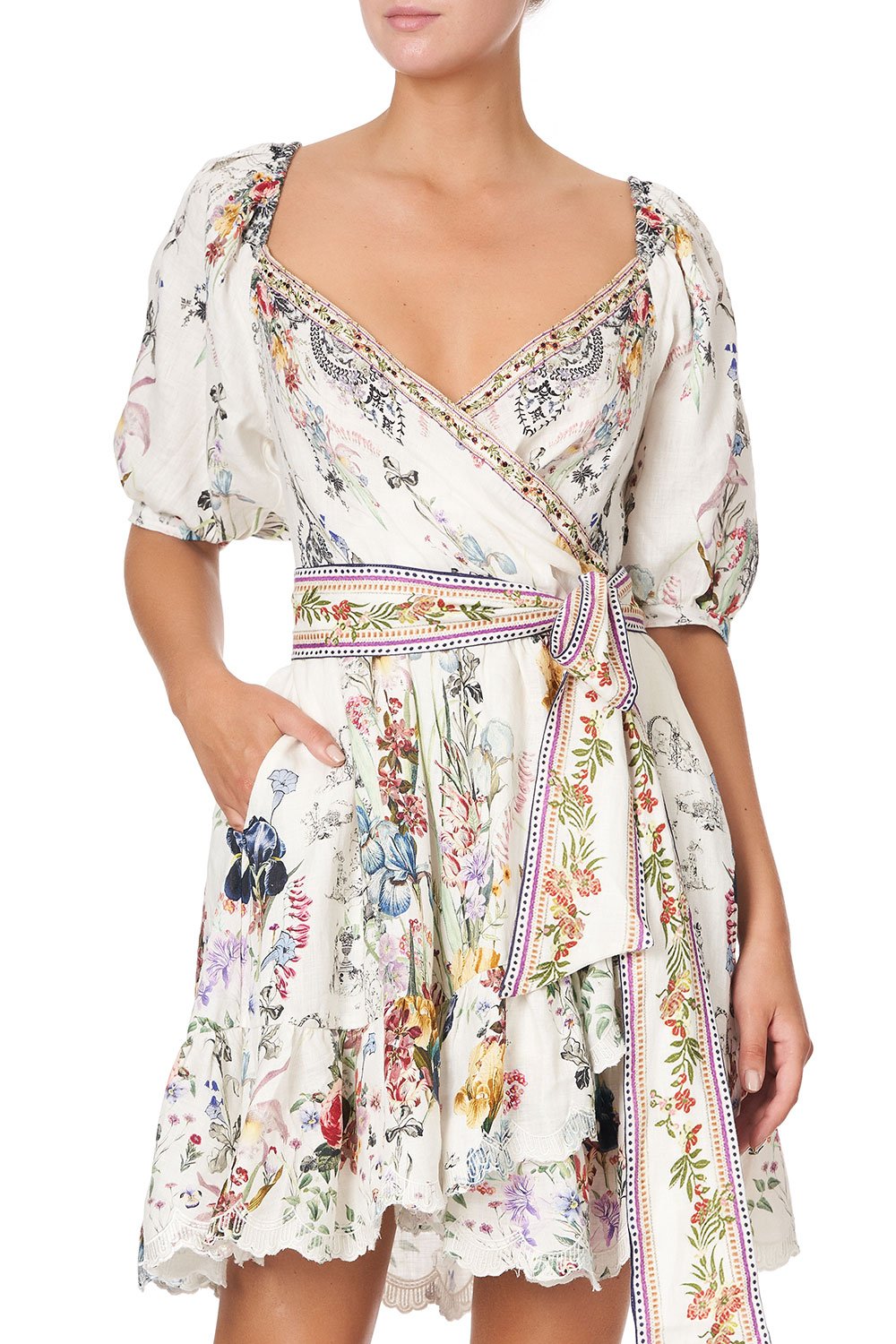 SHORT BLOUSON SLEEVE WRAP DRESS TRUE ROMANCE